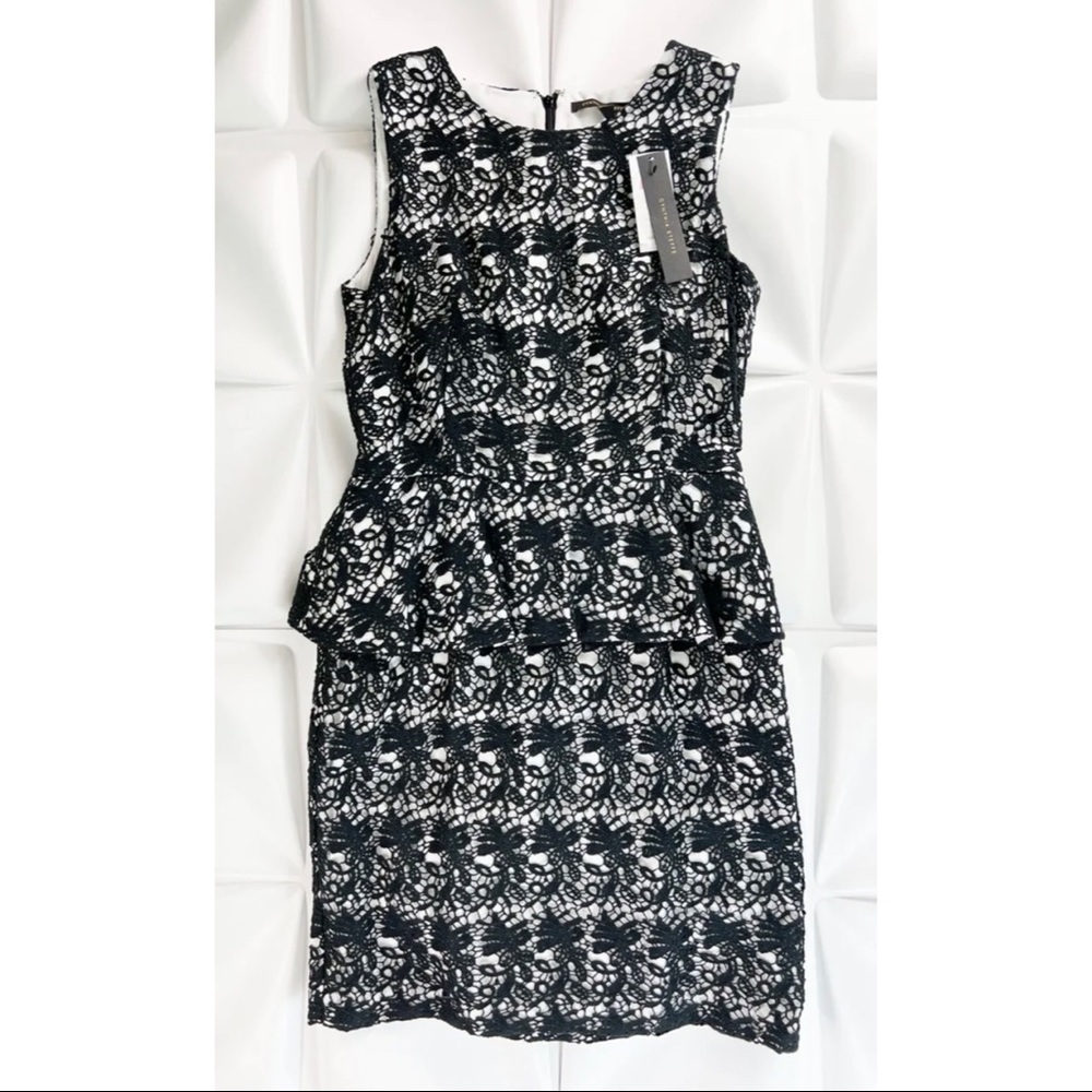 Cynthia Steffe Sz 10 Black Crochet Lace Peplum Sheath Pencil Dress NEW